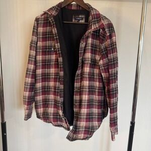 Heavy Duty Flannel Jacket Red Tan Black Button Up Size Medium 100% Cotton Winter